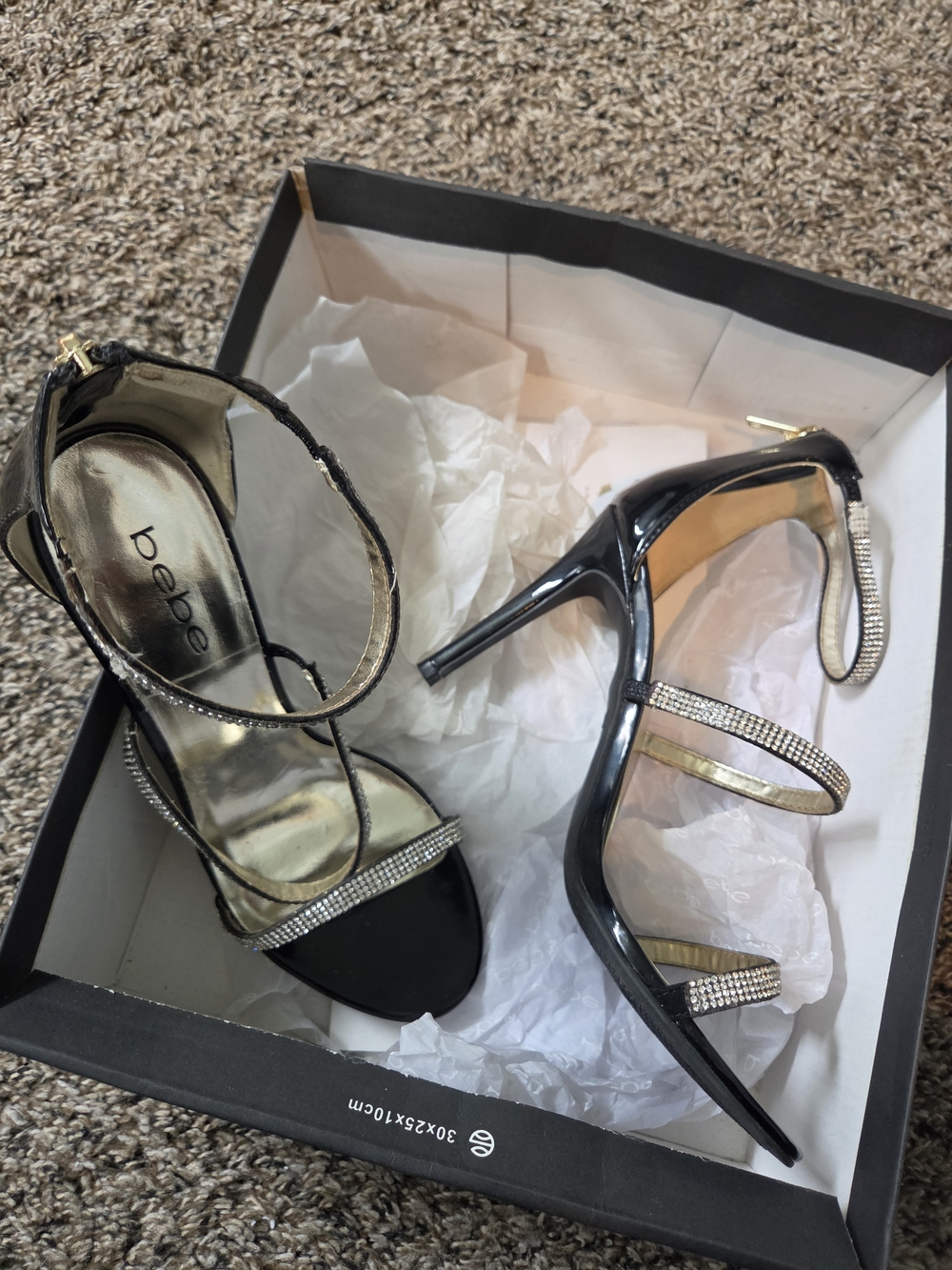 bebe Black Strappy Rhinestone High Heel Sandals
